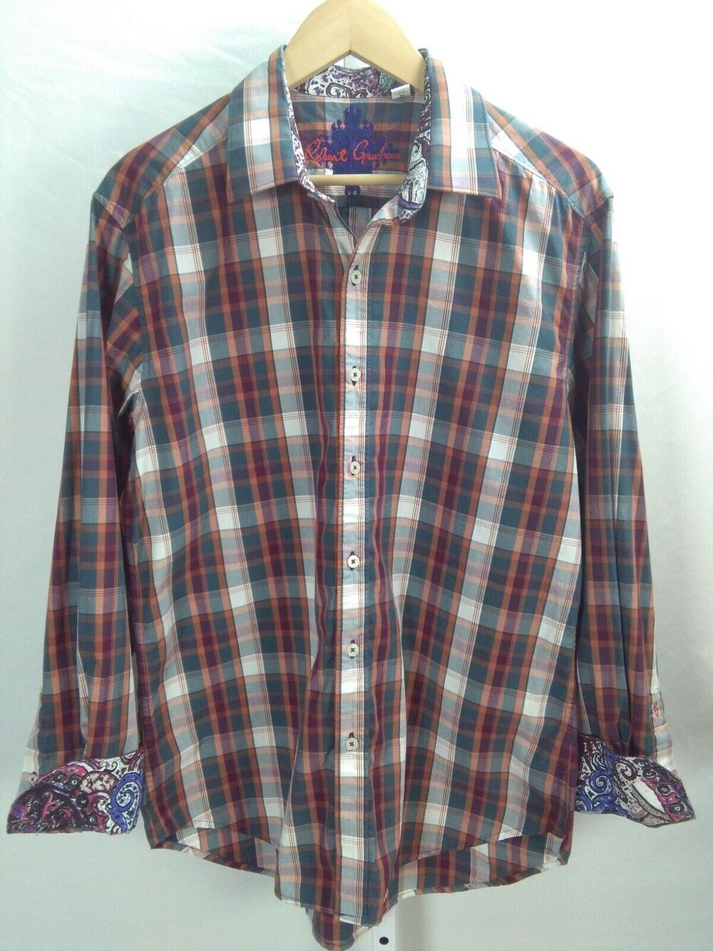 Robert Graham Green Orange Maroon Check Button Front Reverse Cuffs sz Medium M